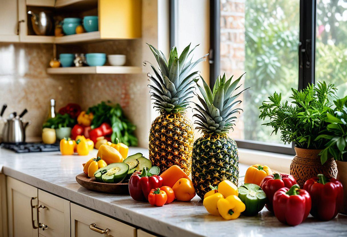 A vibrant kitchen scene showcasing a fresh pineapple surrounded by colorful ingredients like bell peppers and herbs. Include an open cookbook with easy cooking tips, bright and cheerful lighting that evokes happiness and health. The background can feature a sunny window letting in natural light, emphasizing a lively cooking atmosphere. super-realistic. vibrant colors. cheerful kitchen setting.