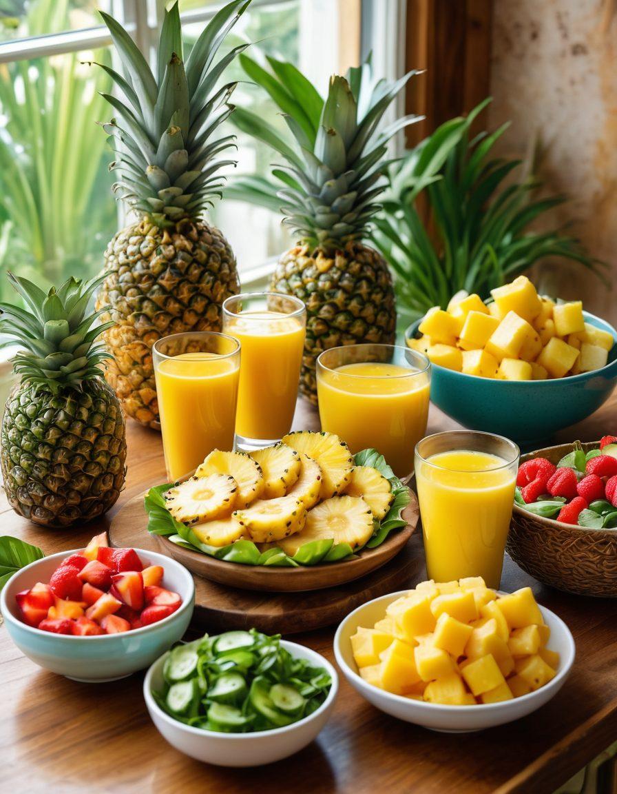 A vibrant, tropical scene featuring a variety of pineapple dishes, including colorful smoothies and fresh salads garnished with pineapple chunks. The background showcases a sunlit kitchen with wooden textures and green plants, emphasizing a healthy and inviting atmosphere. Lively colors and fresh ingredients should dominate the image to convey nutritious eating. Light, airy, and appealing. super-realistic. vibrant colors.